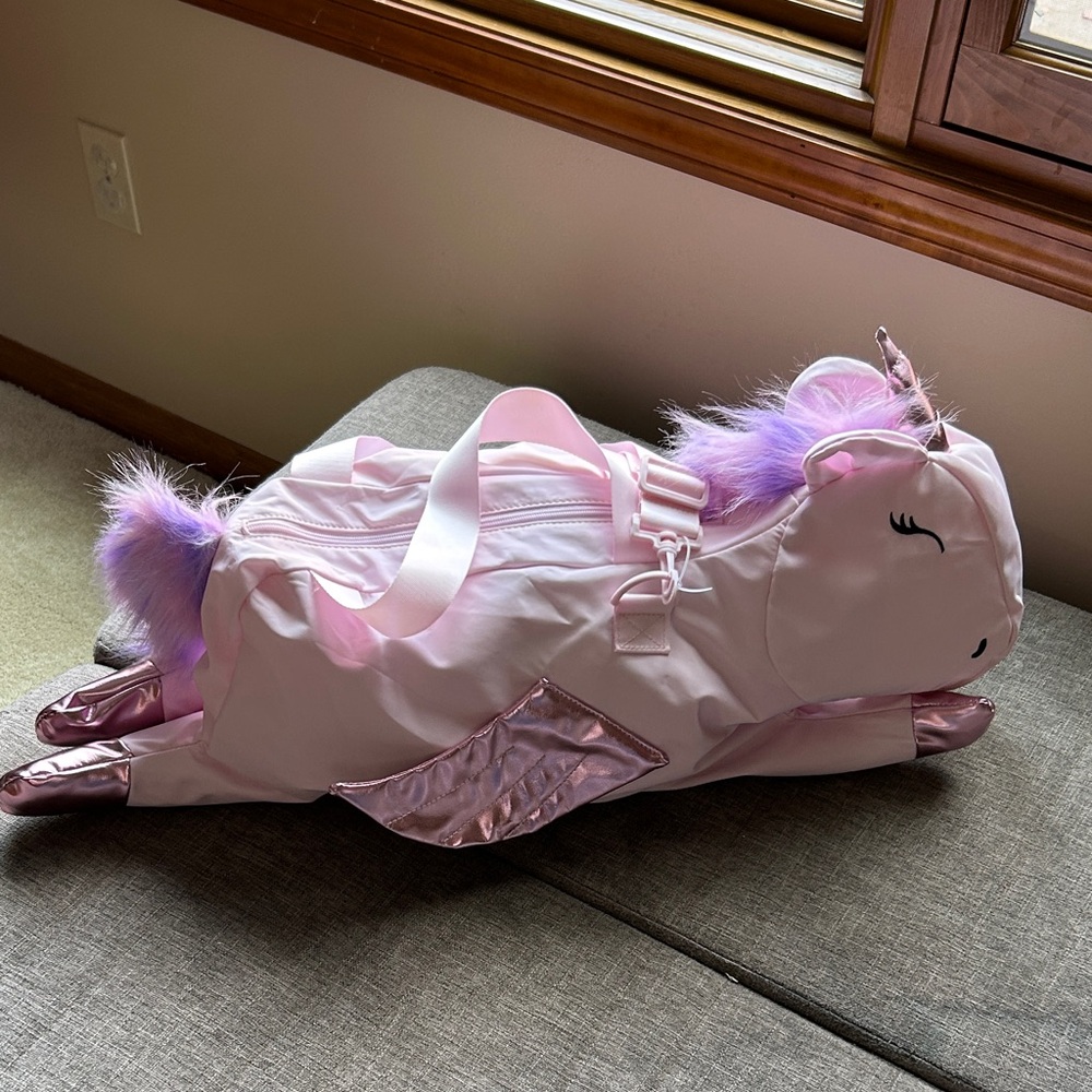 Pink Unicorn duffle bag with Purple Mane, perfect for travel,or an overnight